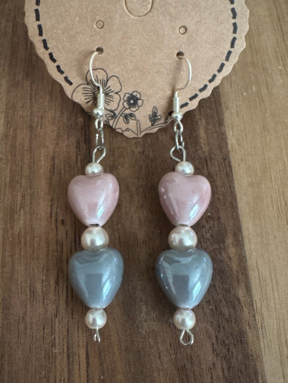 Handmade Glass Heart Drop Earrings - Pink and Gray